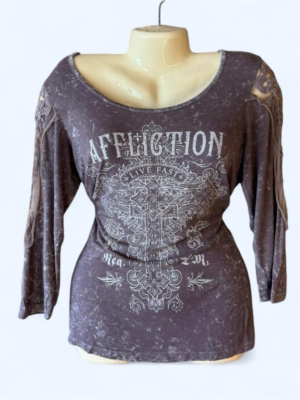 Affliction Women's Slate Purple Graphic Lace-Shoulder Long Sleeve Top